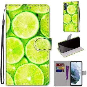 Voor Samsung Galaxy S21 FE gekleurde tekening cross textuur horizontale flip PU lederen hoesje met houder  kaart slots & portemonnee &lanyard (groene citroen)