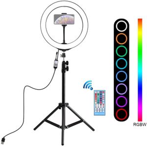 PULUZ 1.1 m statief mount + 10 inch 26cm RGBW LED ring VLogging video licht live broadcast kits met afstandsbediening & koude schoen statief bal hoofd & telefoon klem (zwart)