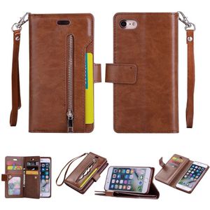 Voor iPhone SE 2020 / 8 / 7 Multifunctionele Rits Horizontale Flip Lederen Case met Holder & Wallet & 9 Card Slots & Lanyard(Bruin)