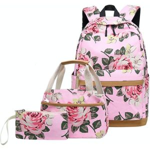 3 stks / set Printed Rugzak USB Computer Rugzak Student Canvas Schooltas (Pink)