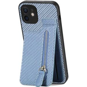 Voor iPhone 11 Koolstofvezel Verticale Flip Rits Telefoon Case(Blauw)