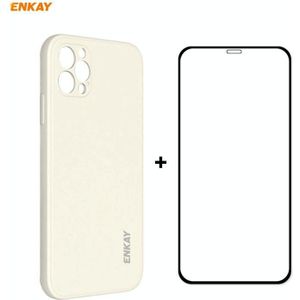 Voor iPhone 12 Pro Hat-Prince ENKAY ENK-PC0692 Liquid Siliconen Straight Edge Shockproof Case + 0 26mm 9H 2.5D Full Glue Tempered Glass Film (Beige)