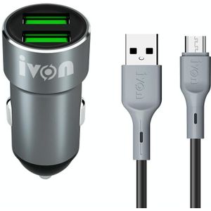 Ivon CC38 2.4A dubbele USB-autolader + 1m USB naar Micro USB Snelle laadgegevens kabel set