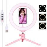 PULUZ 10 2 inch 26 cm licht + desktop statief mount USB 3 modi dimbare LED ring vloggen selfie fotografie videolichten met koude schoen statief bal hoofd & telefoon klem (roze)