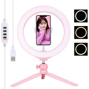 PULUZ 10 2 inch 26 cm licht + desktop statief mount USB 3 modi dimbare LED ring vloggen selfie fotografie videolichten met koude schoen statief bal hoofd & telefoon klem (roze)