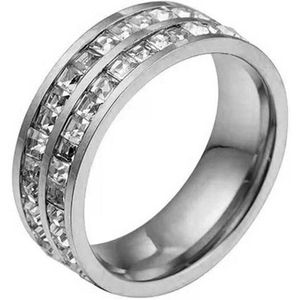 2 PCS Girls Simple Titanium Steel Diamond Ring  Size: US Size 7(Double Row Silver)