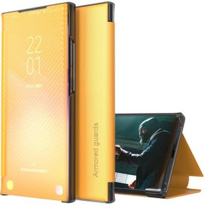 Voor Samsung Galaxy A21s Carbon Fiber Texture View Time Horizontale Flip Lederen Hoesje met houder &Touch Call Display ID (geel)