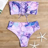 2 in 1 polyester tie-dye tube top bikini dames hoge taille split badpak set met borst pad (kleur: paarse maat: s)