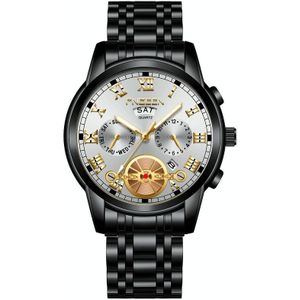 FNGEEN 4001 Heren niet-mechanisch horloge multi-functie Quartz Horloge  Kleur: Zwart stalen witte oppervlak gouden nagels