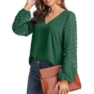 V-hals chiffon wollen bal decoratieve lange mouw blouse (kleur: groen maat: XXL)