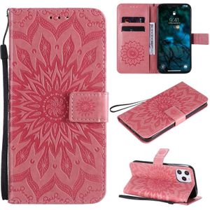 Voor iPhone 12 Pro Max Geperst Afdrukken Zonnebloempatroon Horizontaal Flip PU Lederen Kast Houder & Kaartslots & Wallet & Lanyard(Roze)