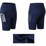 High Waist Mesh Sport Tight Elastic Quick Drying Fitness Shorts With Pocket (Color:Navy Size:XL)