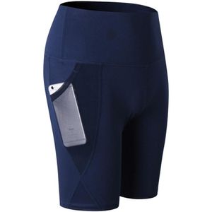 High Waist Mesh Sport Tight Elastic Quick Drying Fitness Shorts With Pocket (Color:Navy Size:XL)