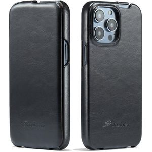 Voor iPhone 14 Pro Max Fierre Shann Olie Wax Textuur Verticale Flip PU Telefoon Case (Zwart)