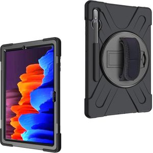 Voor Samsung Galaxy Tab S7 Plus Schokbestendige Kleurrijke Siliconen + PC Beschermhoes met Holder & Shoulder Strap & Hand Strap(Zwart)