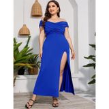 Plus Size High Taille Split Sexy Lange Avondjurk (Kleur: Blauw Maat: XL)