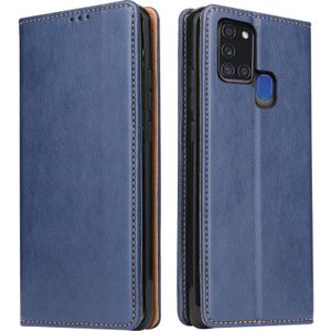Voor Samsung Galaxy A21s Fierre Shann PU Genuine Leather Texture Horizontale Flip Lederen case met Holder & Card Slots & Wallet(Blauw)