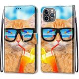 Gekleurde tekening Kruistextuur Horizontale Flip PU Lederen case met Houder & Kaart Slots & Wallet & Lanyard Voor iPhone 12 Pro Max(Cat Drinking Soda)