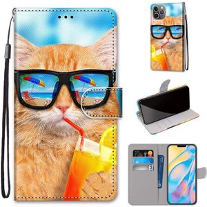 Gekleurde tekening Kruistextuur Horizontale Flip PU Lederen case met Houder & Kaart Slots & Wallet & Lanyard Voor iPhone 12 Pro Max(Cat Drinking Soda)