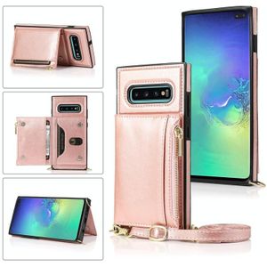 Voor Samsung Galaxy S10 Plus Square Zipper Wallet Bag TPU+PU Back Cover Case met Holder & Card Slots & Wallet & Cross-body Strap (Rose Glod)