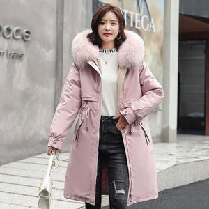 Mid-length grote bontkraag gevoerde jas jas (kleur: roze maat: m)