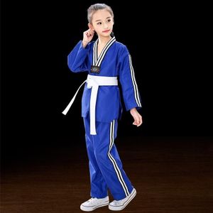 Kind Volwassen Katoen Mannen En Vrouwen Taekwondo Kleding Training Uniformen  Maat: 130 (Plus Bar Blauw)
