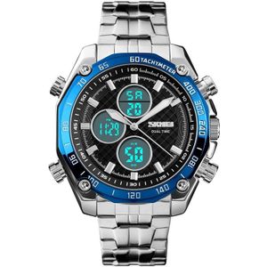 SKMEI 1302 mode mannen Leisure Wrist Watch multifunctionele Dual-time digitale sporthorloge met roestvrijstalen horlogeband 30m waterdicht (blauw)