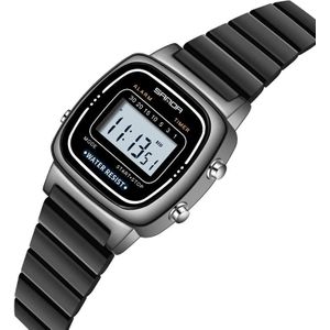 SANDA 6053 Square LED Digital Display Dial Running Seconds Alarm Clock Electronic Watch for Women(Black)