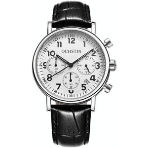 Ochstin 5081A Multifunctioneel lichtgevend waterdicht lederen band quartz horloge (zilver + wit + zwart)