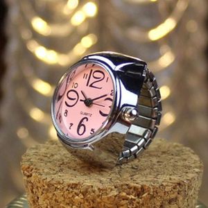 2st L04 Dial Quartz analoog horloge creatieve staal cool elastische Quartz vinger ring horloge voor mannen/vrouwen (roze)