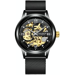 FNGEEN 6018 mannen automatische mechanische horloge waterdichte lichtgevende diamant dubbelzijdig holle horloge (zwarte mesh riem zwart oppervlak)