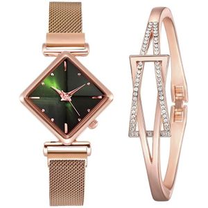 2 STUKS Dames Diamond Dial Quartz Horloge  Kleur: Rose Gold Green + Armband