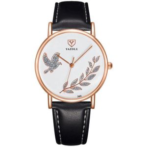 Yazole 360 Lederen Band Dove of Peace Diamond Lady Watch (White+Black)