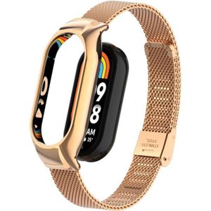 Voor Xiaomi Mi Band 8 Gentegreerde metalen behuizing + stalen mesh gesp horlogeband (rosgoud)