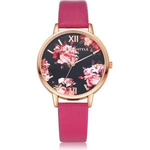 Lvpai P086Leather riem bloem wijzerplaat quartz horloge (Rose rood + Rose goud)