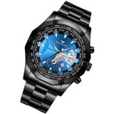 FNGEEN S001 Heren Waterdicht horloge niet-mechanisch kalenderhorloge (Zwart stalen blauwe oppervlak)