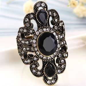 Vintage etnische stijl exquise gesneden ingelegde acryl hars holle ring  ring grootte: 10 (zwart)
