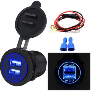 Universele auto Dual USB Charger stopcontact adapter 4.2 A 5V IP66 met diafragma + 60cm kabel (blauw licht)