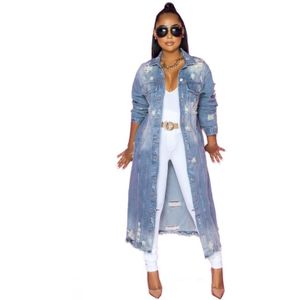 Losse lange mouwen Ripped Denim Lange Top (Kleur: Blauw Maat: XXL)