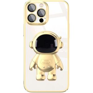 Voor iPhone 14 Pro Max Galvaniseren PC Astronaut Houder Telefoon Case met Lens Film (Goud)