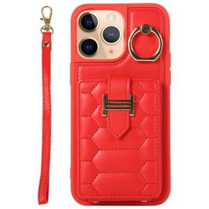 Voor iPhone 11 Pro Max Vertical Card Bag Ring Holder Phone Case met Dual Lanyard (Rood)