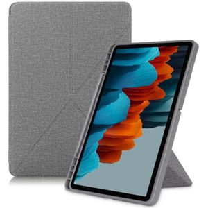 Voor Samsung Galaxy Tab S7 Plus T970 / T975 Cloth Texture Multi-folding Horizontale Flip PU Lederen Schokbestendig Hoesje met houder  Slaap / Wekfunctie (Grijs)