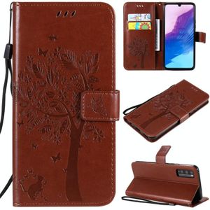 Voor Huawei Enjoy Z 5G Tree & Cat Embossed Pattern Horizontale Flip Lederen Case met Holder & Card Slots & Wallet & Lanyard(Koffie)