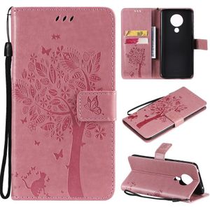 Voor Nokia 5.3 Tree & Cat Pattern Pressed Printing Horizontale Flip PU Lederen Case met Houder & Card Slots & Wallet & Lanyard (Pink)
