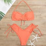 2 in 1 dameshalter backless trekkoord bikini effen kleur split badpak set met borstkussen (kleur: oranje maat: L)