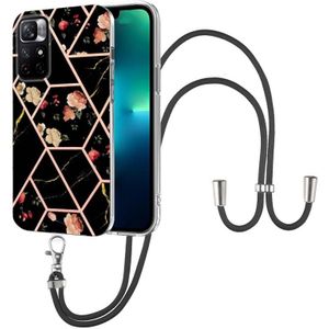 For Xiaomi Redmi Note 11 5G Chinese Splicing Marble Flower Pattern TPU Phone Case with Lanyard(Black Flower)
