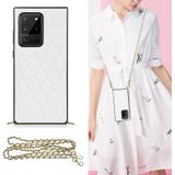 Voor Samsung Galaxy S20 Ultra Elegant Rhombic Pattern Microfiber Leather + TPU Shockproof Case met Crossbody Strap Chain (White)