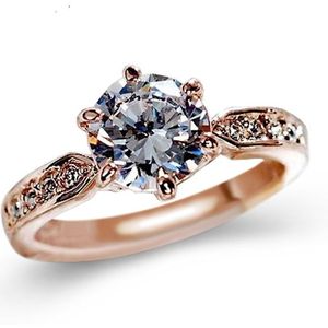 Vrouwelijke klassieke kristal zes-klauw Diamant ring trouwring  Ringmaat: 7 (Rose goud)