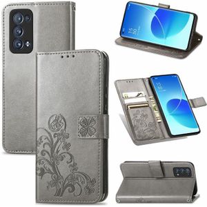 For OPPO Reno6 Pro+ Four-leaf Clasp Embossed Buckle Mobile Phone Protection Leather Case with Lanyard & Card Slot & Wallet & Bracket Function(Gray)