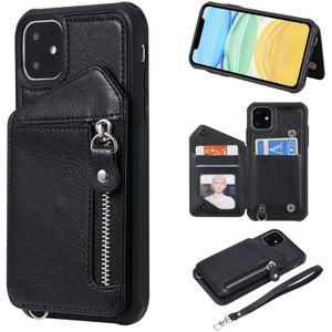 Voor iPhone 11 Dual Buckles Zipper Shockproof Back Cover Protective Case met Holder & Card Slots & Wallet & Lanyard & Photos Frames(Black)